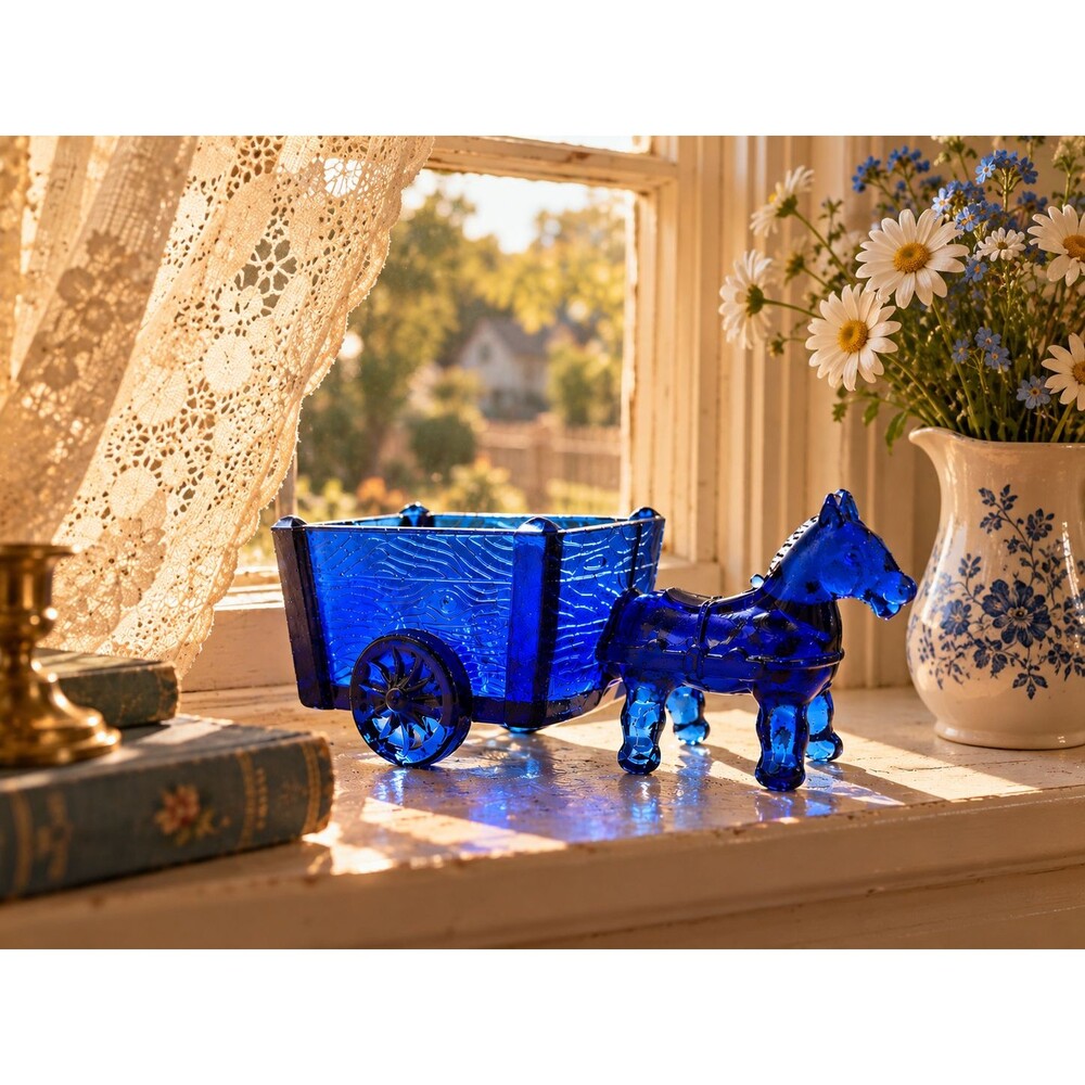 Vintage Jeanette Cobalt Blue Donkey Mule and Cart. CottageCore. Mid-Century Mod